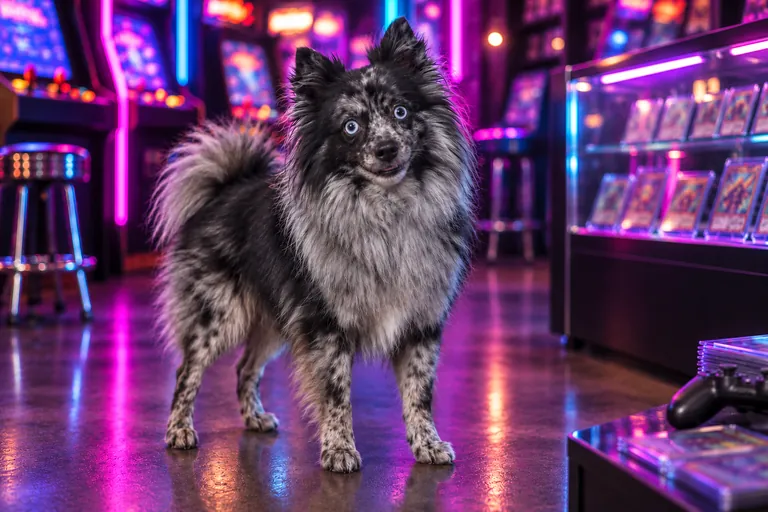 Zeke in a neon retro card and gaming shop